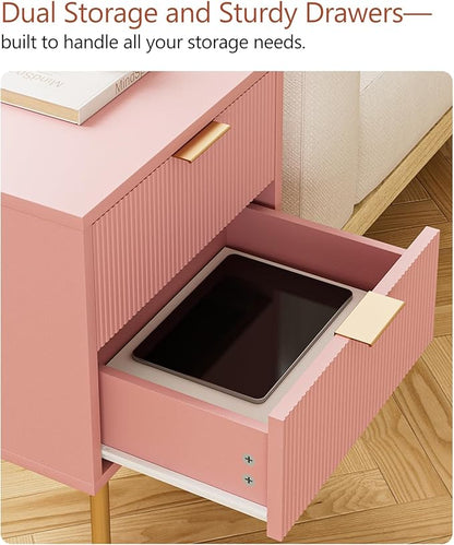 Masupu Night Stand,Mid-Century Modern Bedside Table with 2 Storage Drawer,Small Gold Frame Side End Table for Bedroom,Living Room, Pink