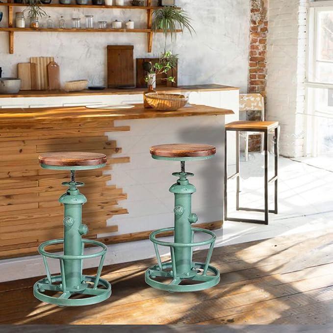 Topower Antique Industrial Round Bottom Adjustable Height Cafe Coffee Retro Vintage Stylish Water Pipe Design Pub Kitchen Bar Stool (Antique Green, Wooden Top)