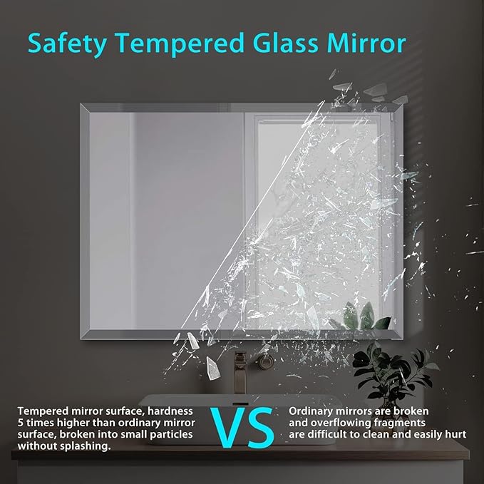 Frameless Beveled Edge Bathroom Mirror 38x26 Inch Rectangle Wall Mirror Explosion Proof and Shatterproof Bathroom Vanity Mirror Wall Mounted Hang Firmly (Horizontal or Vertical)