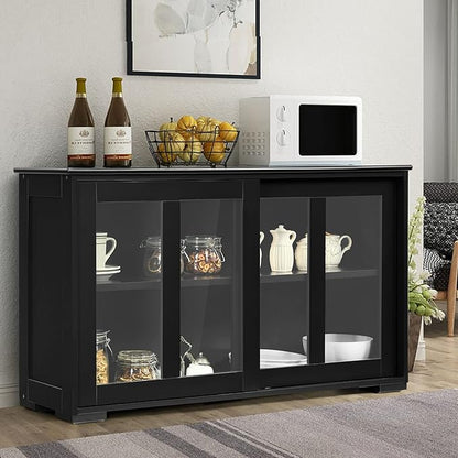 Costzon Sideboard Buffet Cabinet, Wooden Kitchen Storage Cabinet with Adjustable Shelf, Sliding Glass Doors, Accent Coffee Bar Cabinet Console Table for Living Room, Dining Room, Hallway (Black)