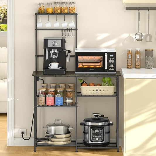 Bakers Rack with Power Outlet, Kitchen Microwave Stand with 10 S-shaped Hooks, 6-Tier Coffee Bar Station, Kitchen Storage Shelf Rack for Spices, Pots, Gray