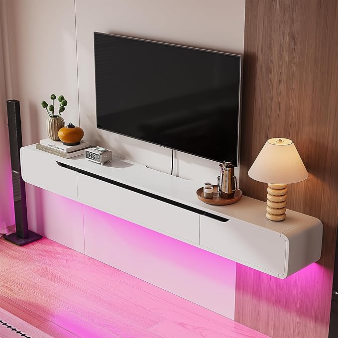 Fully-Assembled Floating TV Stand with Drawers, 55IN High Gloss Wall Mounted Entertainment Center, Modern Media Console with Storage, Under TV Shelf for Bedroom Living Room White