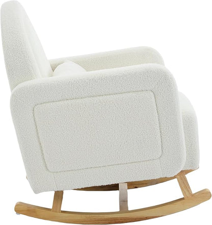 Christopher Knight Home Kiin Wooden Rocking Chair Indoor with Curved Back, Teddy Upholstered Rockers with Pillow, Comfy Accent Chair with Armrest for Bedroom, Living Room, Offices, Cream White