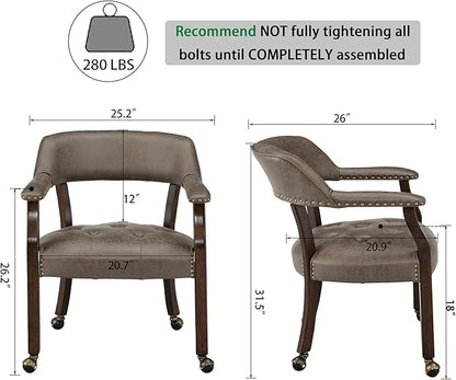 LEEMTORIG Large Dining Chairs with Casters and Arms, Rolling Dining Chairs with Wheels, Boss Caption's Chairs, 26" D x 25.2" W x 31.5" H, Espresso Legs & Dark Brown Fabric SY-318-DK
