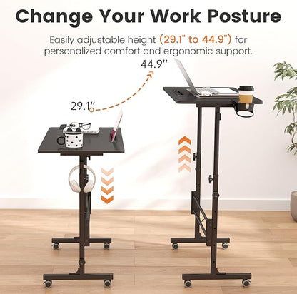 Hadulcet Small Standing Desk Adjustable Height, Mobile Stand Up Desk with Wheels, Portable Walking Pad Table Stand, Rolling Laptop Cart for Standing or Sitting, Black