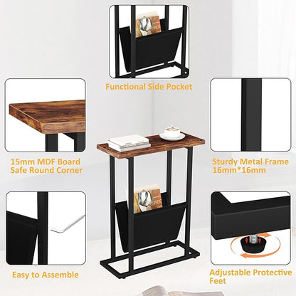 Narrow Side Table for Small Spaces, Small End Table with Magazine Holder, Skinny Slim Little Thin Table for Living Room, Bedroom, Sofa, Rustic Brown