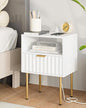 Masupu Nightstand with Charging Station,Mid-Century Modern Bedside Table with Storage Drawer and Open Wood Shelf,Small Gold Frame Side Table for Bedroom,Living Room (White Fluted)