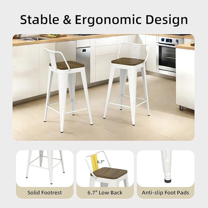 White Bar Stools Set of 4, Metal Bar Stools with Wooden Seat, Modern 24”Counter Height Barstools with Low Back