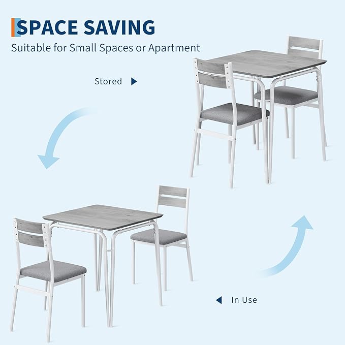 Dining Table for 2, Small Table and Chairs Set of 2, Square Dinette Set for 2, 3 Piece Kitchen & Dining Room Sets for Small Space (White, Table with 2 Upholstered Chairs)
