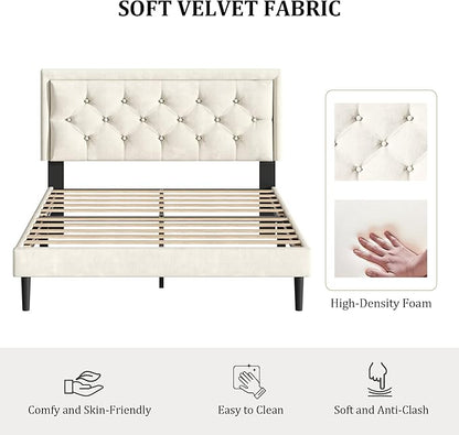Full Size Platform Bed Frame with Upholstered Velvet Button Tufted Headboard, Mattress Foundation with Wooden Slat Support, No Box Spring Needed, Easy Assembly, Noise Free, Beige
