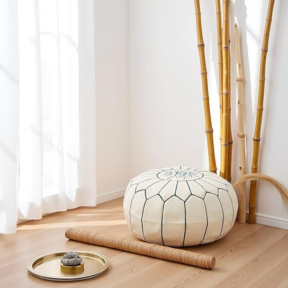 Stuffed Round Design Moroccan Leather Pouf Ottoman, Handmade, Pre-Filled, 100% Genuine Leather, 13” Height x 20” Diameter, Footstool & Living Room Décor (White with Blue Stitches)