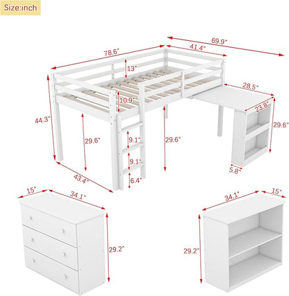 KEIKI Twin Loft Bed with Pull-Out Desk, Drawers & Open Shelves, Wooden Bed Frame with Guardrail, Low Design for Kids, White