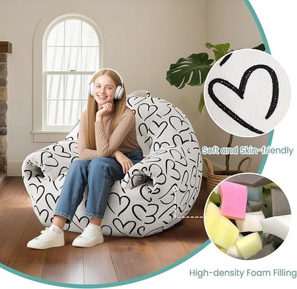 DAICO Bean Bag Chairs for Adults, Comfy Bean Bag Sofa Chair with Handle, Single Lazy Floor Sofas Accent Chair with Foam Bean Bag Couch for Living Room Bedroom Reading Gaming, White Cordate