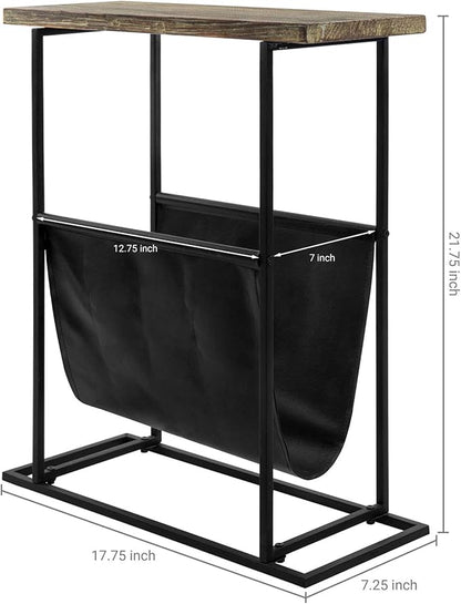 MyGift 21-Inch Modern Narrow Living Room End Table with Hand Torched Solid Wood Tabletop and Black Metal Frame, Bedroom Nightstand Side Table with Magazine Holder Sling