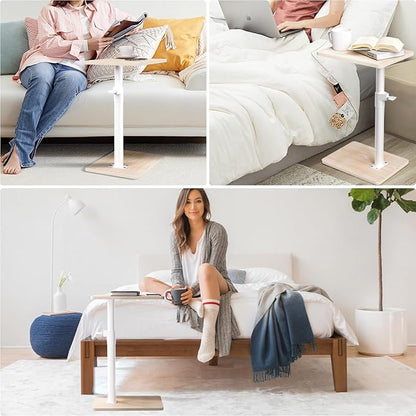 Sofa Armrest Tray Table for Couch - 360° Swivel Height Adjustable End for Small Spaces, Snack Side Table for Bed or Chair with Phone & Tablet Slot (Oak,Standard)