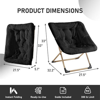 Comfy Oversized Saucer Chair, Soft Faux Fur Reading Lounge Chair for Adults, Stable X-Large Metal Frame and Non-Slip Pad, Foldable Cozy Chairs for Bedroom, Living Room, Dorm, Office, Black