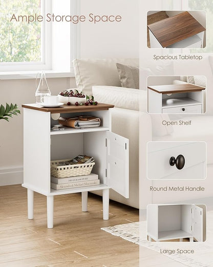 Nightstand, Boho Night Stand with 1 Drawer, Modern Side Accent Table with Open Shelf, Wooden Top Bedside End Table for Bedroom, Living Room, White
