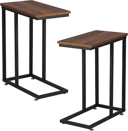 VECELO C Shaped End Side Table for Sofa Couch and Bed Snack TV Tray for Living Room Bedroom, 2 Set, Brown
