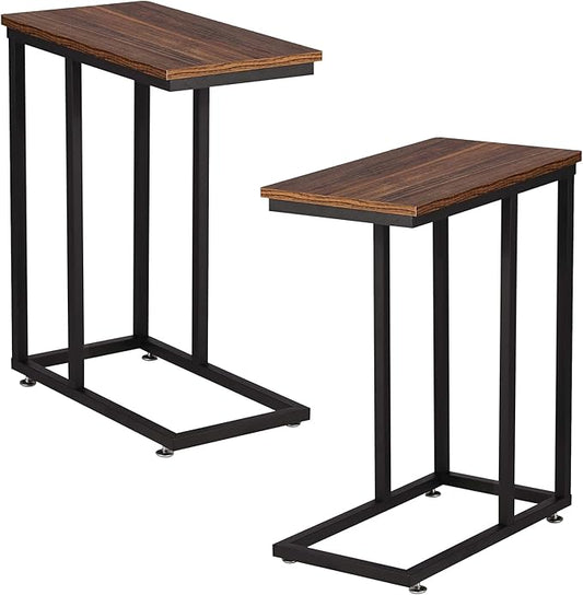 VECELO C Shaped End Side Table for Sofa Couch and Bed Snack TV Tray for Living Room Bedroom, 2 Set, Brown