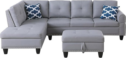 Ball & Cast 98" L Shaped Sectional Couch for Living Room with Storage Ottoman&Nailhead Trim,4 Seat Faux Leather Upholstered Modular Sectional Sofa Set 3 PCS W/Chaise&Cup Holders,for Home,Office,Gray