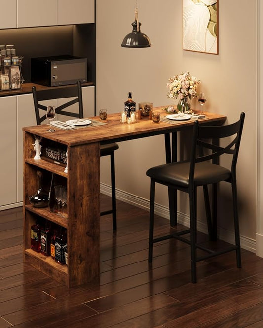 GAOMON 3 Piece Bar Table Set for 2, Bar Table and Chairs Set with with Flip Top Extension, Dining Table Set with Storage Shelves, Suitable for Small Space Kitchen Apartment, Brown