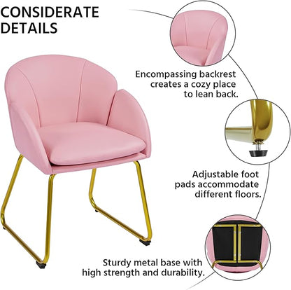 Yaheetech Modern PU Leather Armchair, Flower Shaped Makeup Chair Vanity Chair with Golden Metal Legs for Living Room/Makeup Room/Bedroom/Home Office/Kitchen, Simple Pink