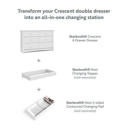 Storkcraft Crescent 6 Drawer Double Dresser (White) – GREENGUARD Gold Certified, Nursery Dresser for Kids Bedroom