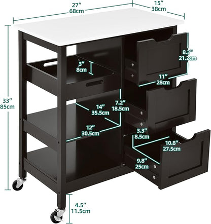 YITAHOME Small Solid Wood Top Kitchen Island Cart on Wheels with Storage, Rolling Portable Dining Room Serving Utility Carts Mobile Movable with 3 Drawers Cabinet, Dark Brown