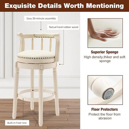 CozyRain Bar Stools Modern Swivel Barstools, Kitchen Counter Genuine Leather Upholstered Bar Stool Island Barstool with Footrest for Home Kitchen Dining Room (White, Seat Height 29.5 in)