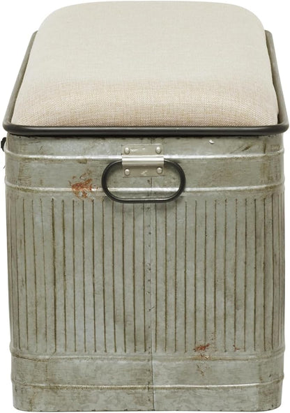 Deco 79 Metal Room Storage Bench Galvanized Entryway Bench with Cream Burlap Top and Black Latches, Bench 38" x 16" x 19", Gray