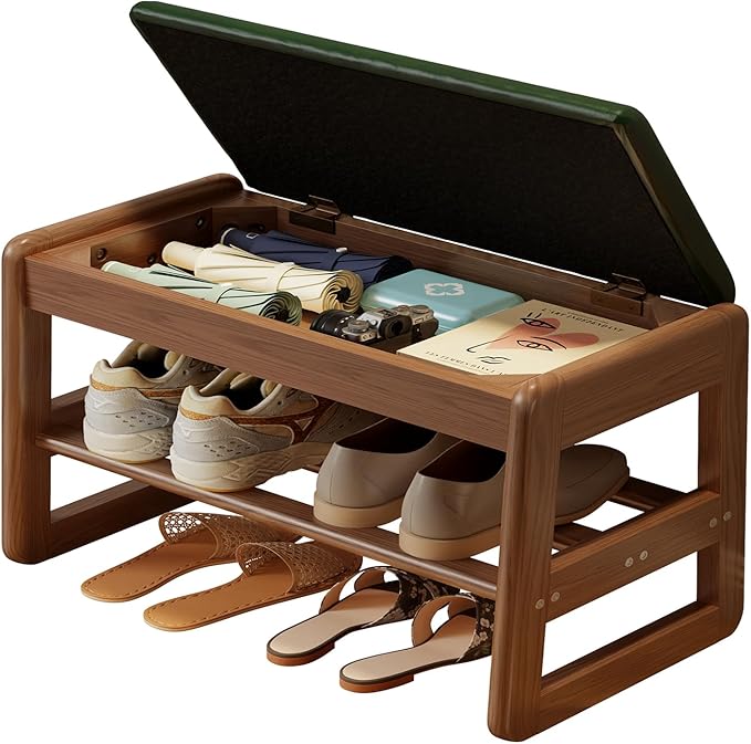 Small Shoe Bench with Leather Cushion,2 Tiers Shoe Rack Bench with Flip-Top Storage,Wood Shoe Rack for Entryway（Green,23.62"