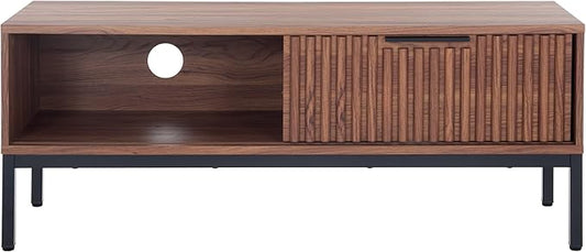 SAFAVIEH Lylia TV Stand for up to 55" Flatscreen – Walnut with Black Legs & Handle, 1 Sliding Door, 1 Open Shelf, Entertainment Media Console (MED9617A)