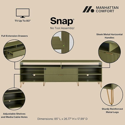 Manhattan Comfort Dumbo Mid Century Modern TV Stand for Televisions up to 80 Inches, Home Entertainment Center with Storage, 6 Shelves, 2 Drawers, No Tool Assembly, 85" Wide, Olive Green