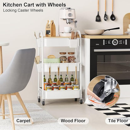 3 Tier Rolling Cart Metal with Wheels and Bamboo Table Top, Art Cart Organizer on Wheels, White Three Tiered Storage Utility Carts for Craft, Baby, Diaper Caddy,Coffee,Kitchen,Cleaning,Office Supplies