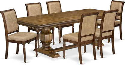 LKCY7-AWA-28 7-Piece Kitchen Table Set Consists of a Dining Table and 6 Beige Polyester Fabric Dinner Chairs with High Back - Antique Walnut Finish