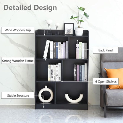 Book Shelf with Back Panel Stability 6 Cube Bookcase Multifunctional Cube Storage Organizer for Bedroom Living Room Office Closet School in Black with 31.49''W