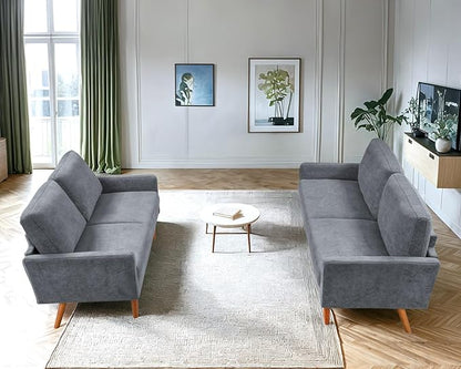 Kent 2 Piece Velvet Sofa and Loveseat Set, European Style with Modern & Vintage Flair, Upholstered 5 Seater Couch, Chic Living Room Furniture Seating for Home, Apartment or Office, Grey