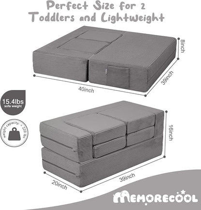MeMoreCool Modular Kids Couch, Corduroy Play Toddler Couch for Bedroom Playroom Furniture, Convertible Foam Kids Sofa Bed, Fold Out Baby Sofa for Girl Boy, Light Grey