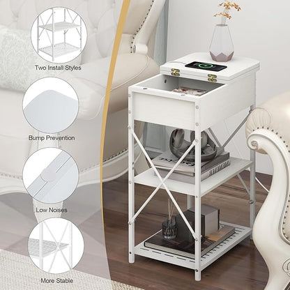 Narrow Side Table with Charging Station, End Table with 3 USB Ports and 2 AC Outlets, Flip Top End Table with Storage, White Side Tables Living Room, Nightstand with Drawer for Bedroom
