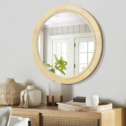 ULIKE Round Rattan Mirror, Bathroom 24 Inch Rustic Farmhouse Wall Decor with Handmade Wicker Frame, Boho Mirror for Nursery Bedroom Living Room Entryway
