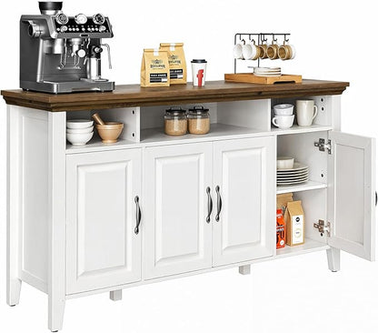 Marsail Sideboard Buffet Cabinet with Storage, 55" Farmhouse Kitchen Buffet Bar Table 4 Door Storage Cabinets for Dining Room Furniture, Wood White