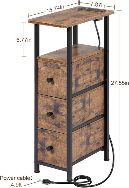 Narrow End Tables Living Room Set of 2 with Charging Station, Skinny Side Table with Fabric Drawers, Slim Nightstand for Bedroom, Small Spaces, Couch, Rustic Brown, HETNDP03PBR