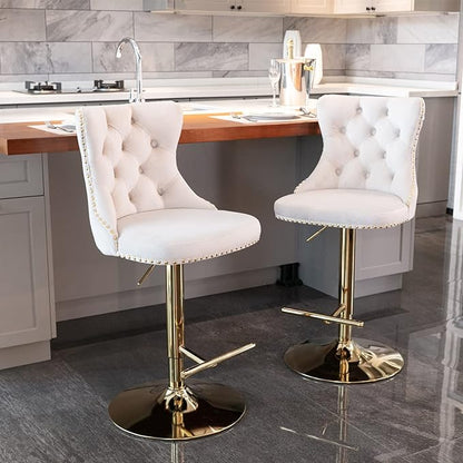 PacknWood Acosure Golden Swivel Velvet Barstools Adjusatble Seat Height from 25-33" with Comfortable Tufted,Modern Upholstered Chrome Base Bar Chairs,for Home Pub Kitchen,Beige,Set of 2