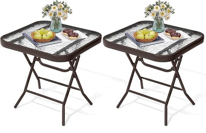 Foldable Outdoor Side Table Set of 2 with Tempered Glass Top Square 18" Folding Patio Side Tables Set of 2 Small Glass End Table for Patio Porch Yard Balcony Deck Lawn Dining Garden (Brown)