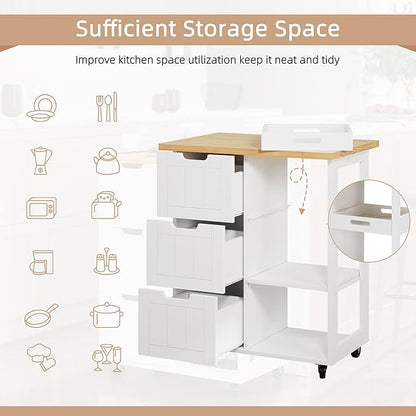 Shintenchi Kitchen Island Cart with Storage,Rolling Kitchen Island Storage Cabinet,Side Table on Wheels with Worktop,3 Open Shelves and 3 Drawers for Kitchen,Dinning Room, White