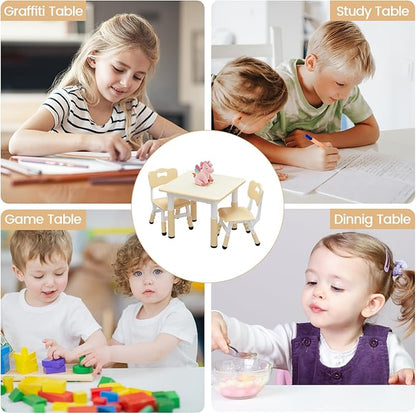 GarveeHome Kids Table and 2 Chairs Set, Height Adjustable Toddler Table and Chair Set for 2, Graffiti Desktop, Non-Slip Design, Children Table for Home Daycare Preschool for Ages 2-8, Beige