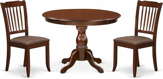 East West Furniture HBDA3-MAH-C 3 Piece Dining Set Contains a Round Dining Room Table with Pedestal and 2 Linen Fabric Upholstered Chairs, 42x42 Inch, Mahogany