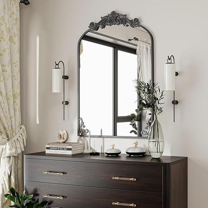 24x36 inch Vintage Arched Bathroom Mirror - Gorgeous Wall Vanity Mirror with Beautiful Retro Top and Bottom Engraving Process Frame for Entryway Hallway Living Room, Black