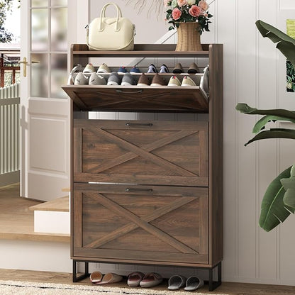 Maupvit Shoe Storage Cabinet with 3 Flip Drawers, Freestanding Organizer with Metal Legs for Entryway, Narrow Shoe Rack Cabinet, Dark Walnut