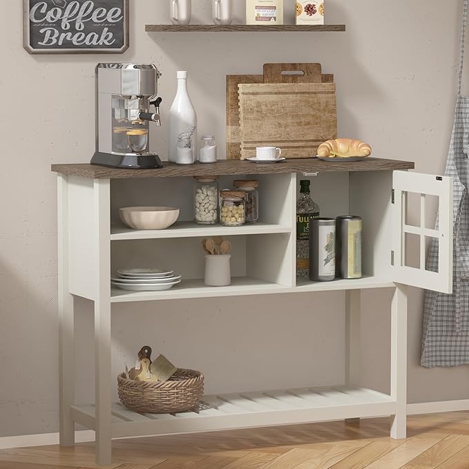 ChooChoo Farmhouse Coffee Bar Cabinet, Buffet Cabinet with Storage, Sideboard Buffet with Glass Door, Console Table for Kitchen, Hallway, Entrance, White